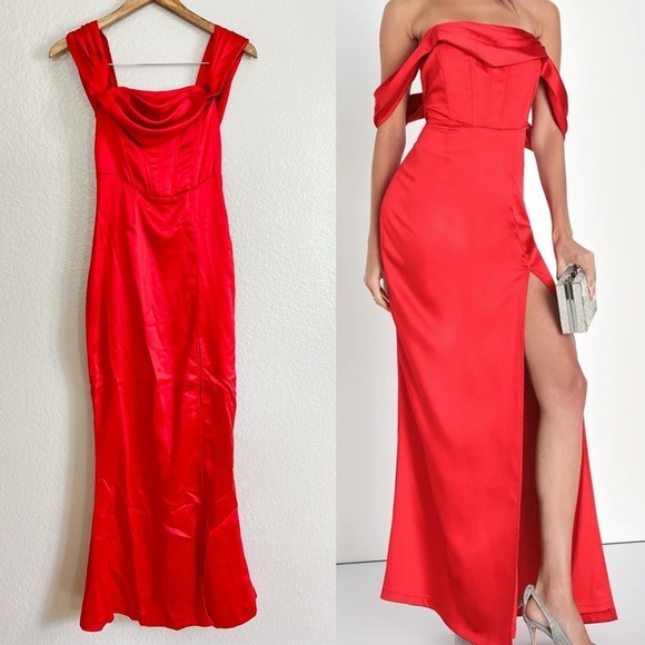 NWOT Exquisite Stunner Red Satin Off-The-Shoulder Bustier Maxi Dress - Picture 1 of 8